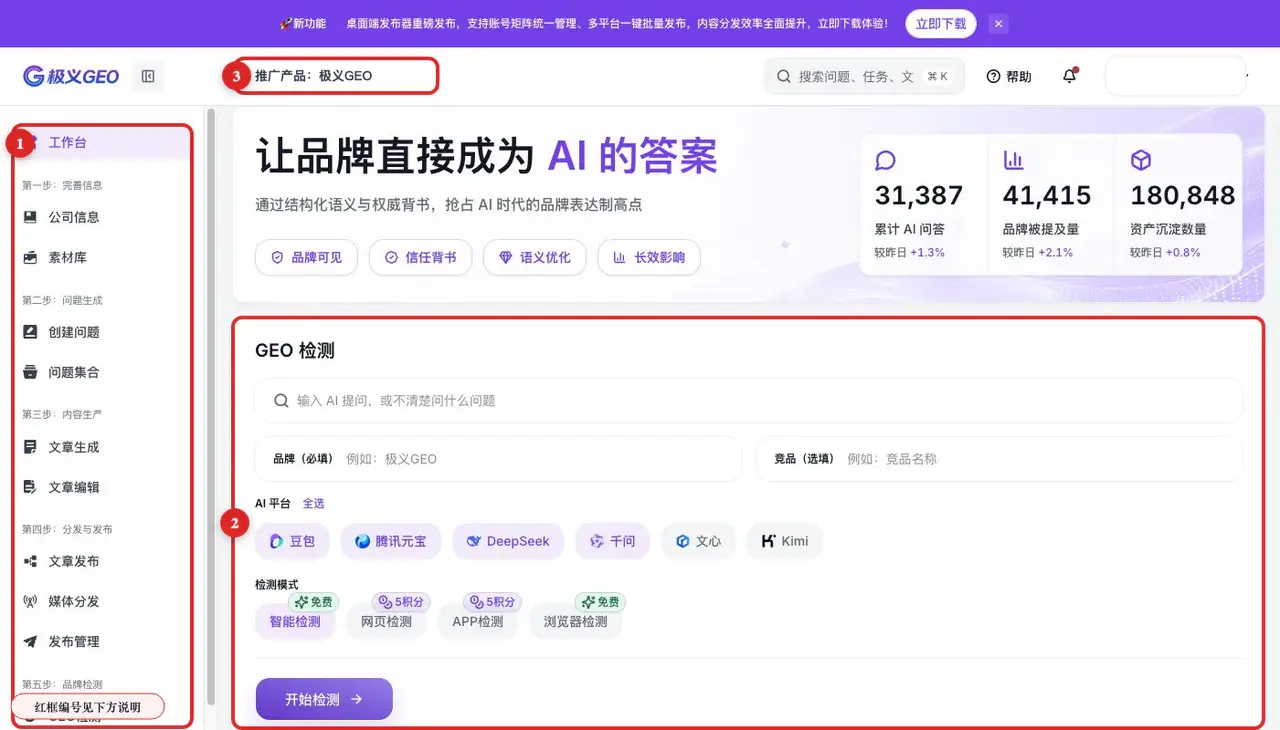 工作台总览：侧边导航、快速检测区与当前产品选择器