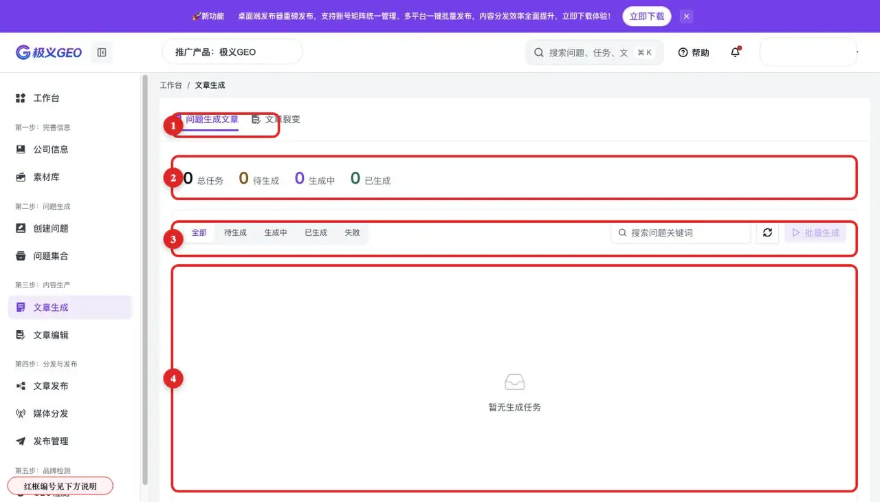 文章生成页面：生成方式、任务统计、状态筛选和任务列表