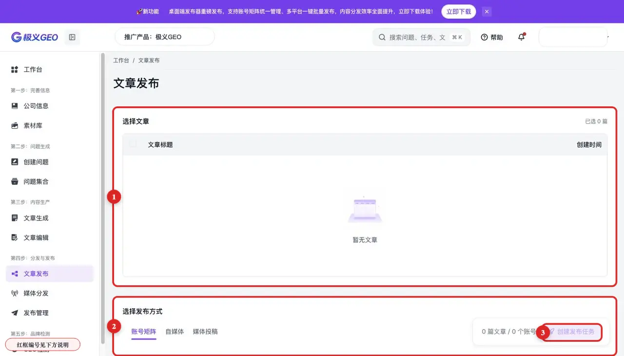文章发布页面：选择文章、选择发布方式和创建任务
